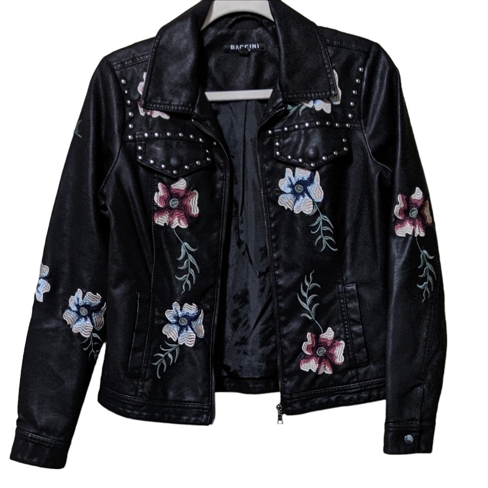 Baccini Embroidered faux vegan leather moto zip front jacket coat Small